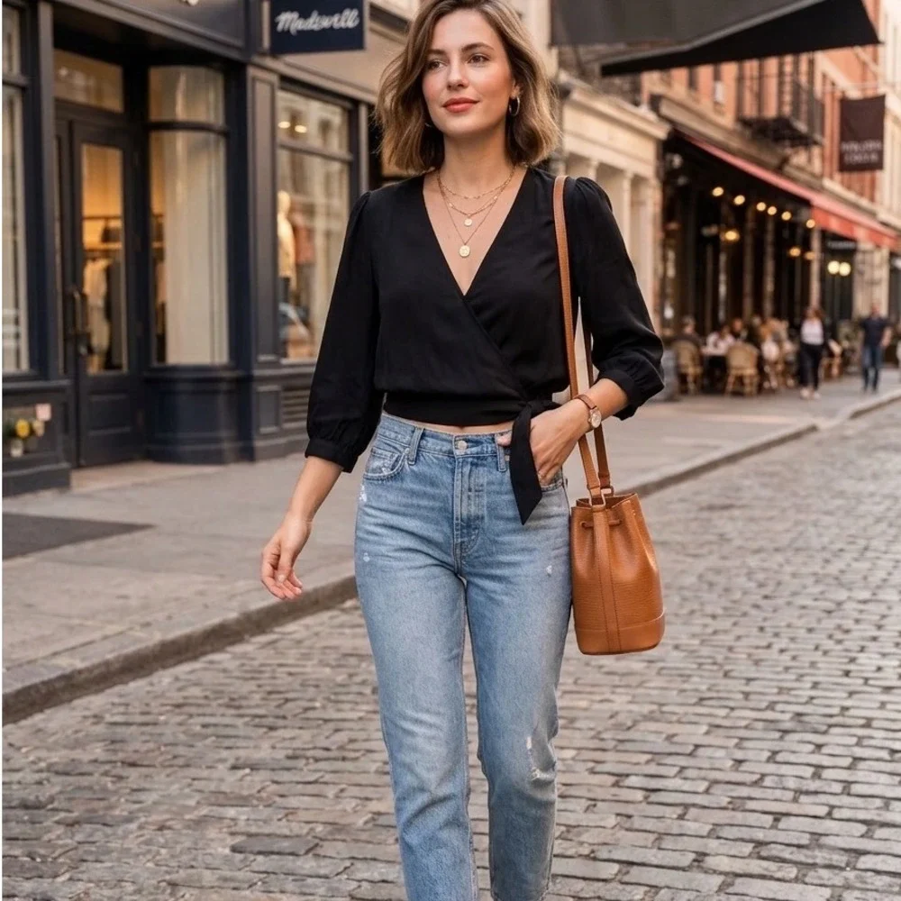 Madewell 100% Silk Black Wrap Blouse Side‎ Tie Cropped V-Neck Top Classic Glam